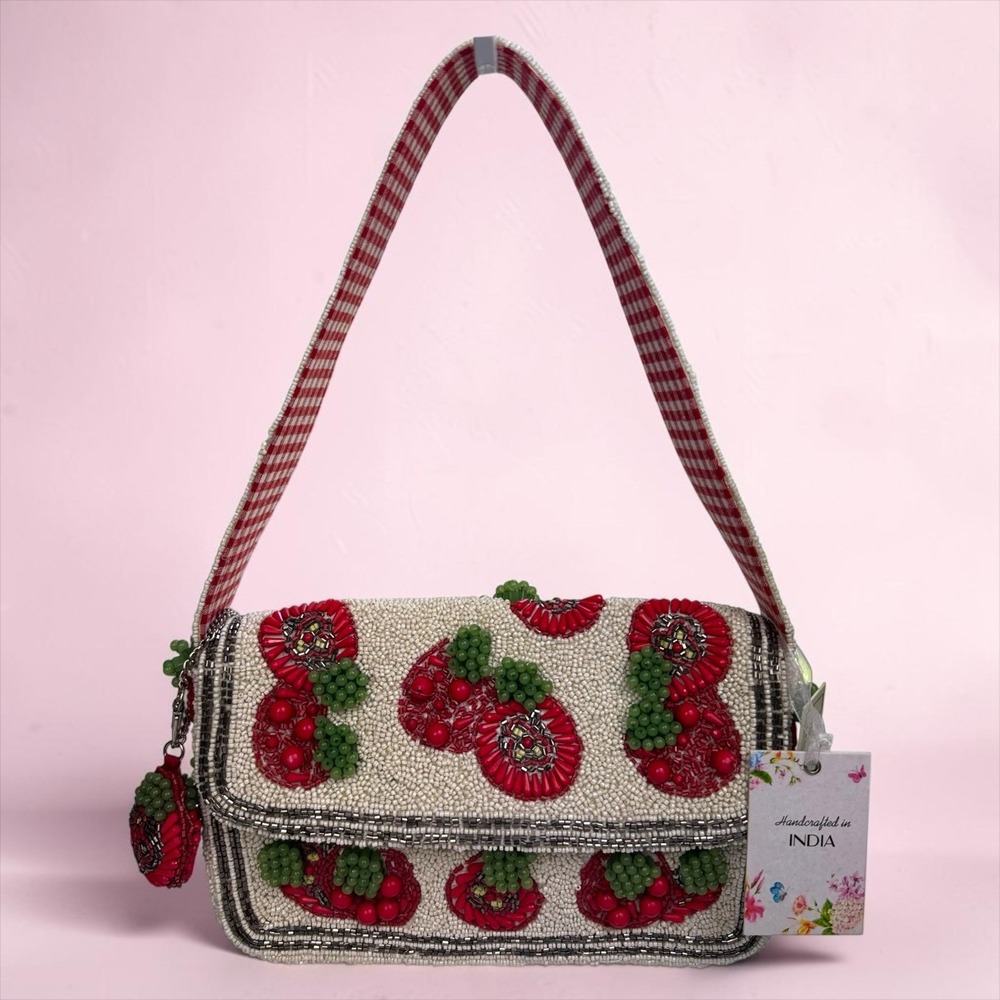 Viral Handcrafted In India Tomato Beaded Shoulder Bag W/ Charm Tommy Fiona